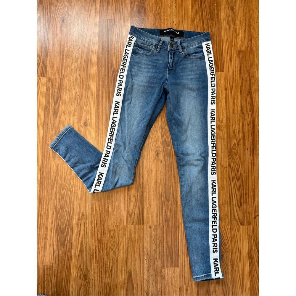Karl Lagerfeld Women's Contrast Logo Tape Skinny Jeans Light Blue Wash Size 2